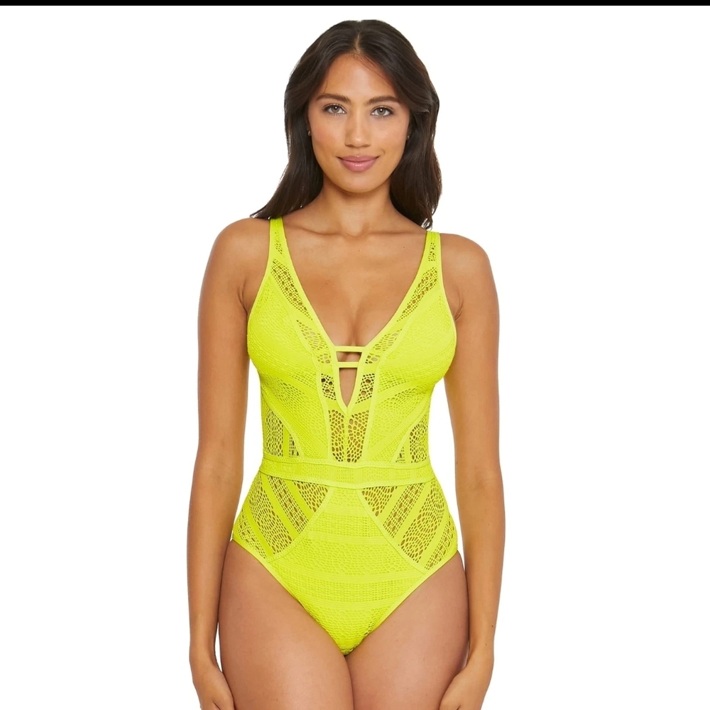 BECCA by Rebecca Virtue Color Play Crochet Plunge One-piece Swimsuit - High Leg